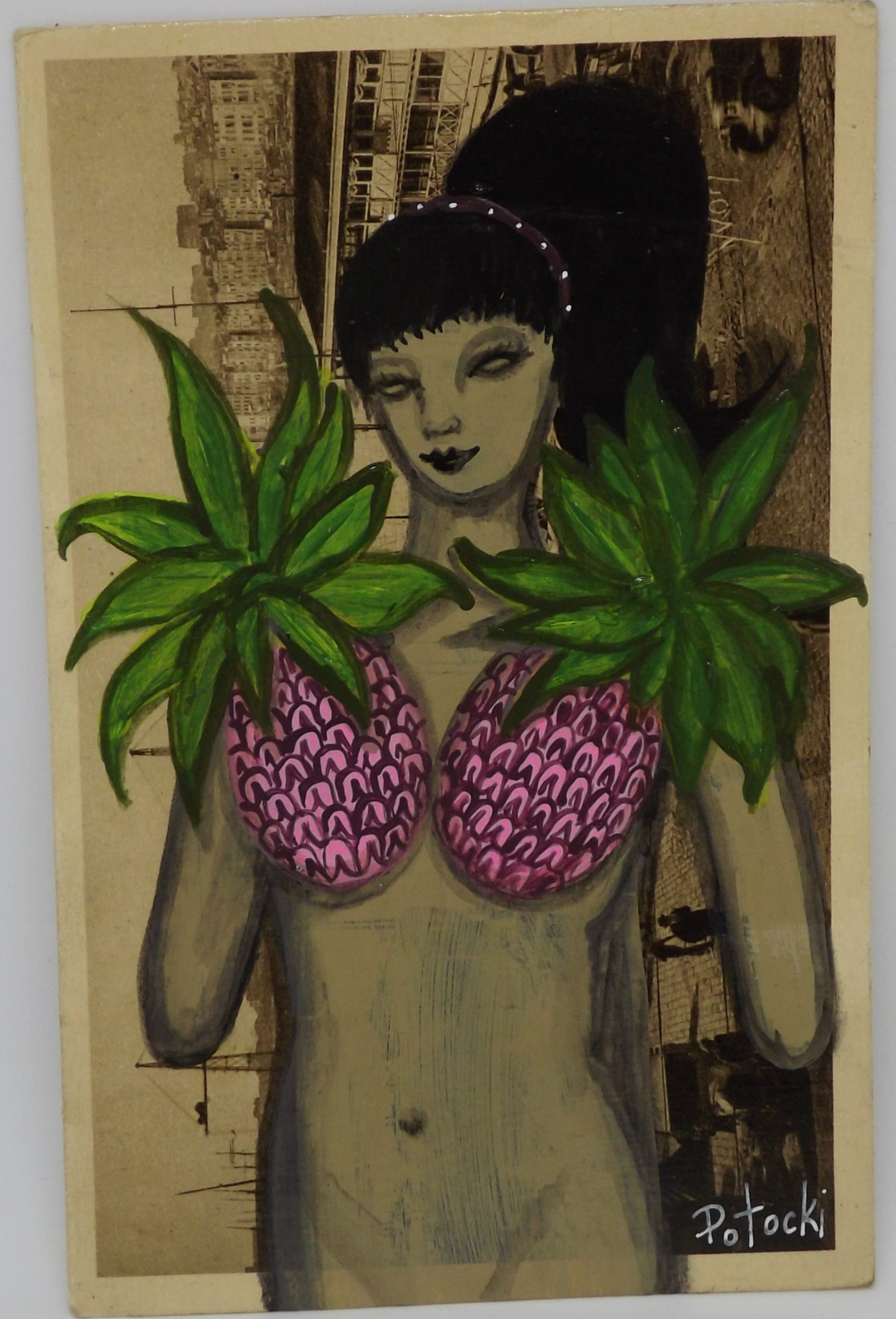 Pink Pineapples 3×5 on Vintage Postcard