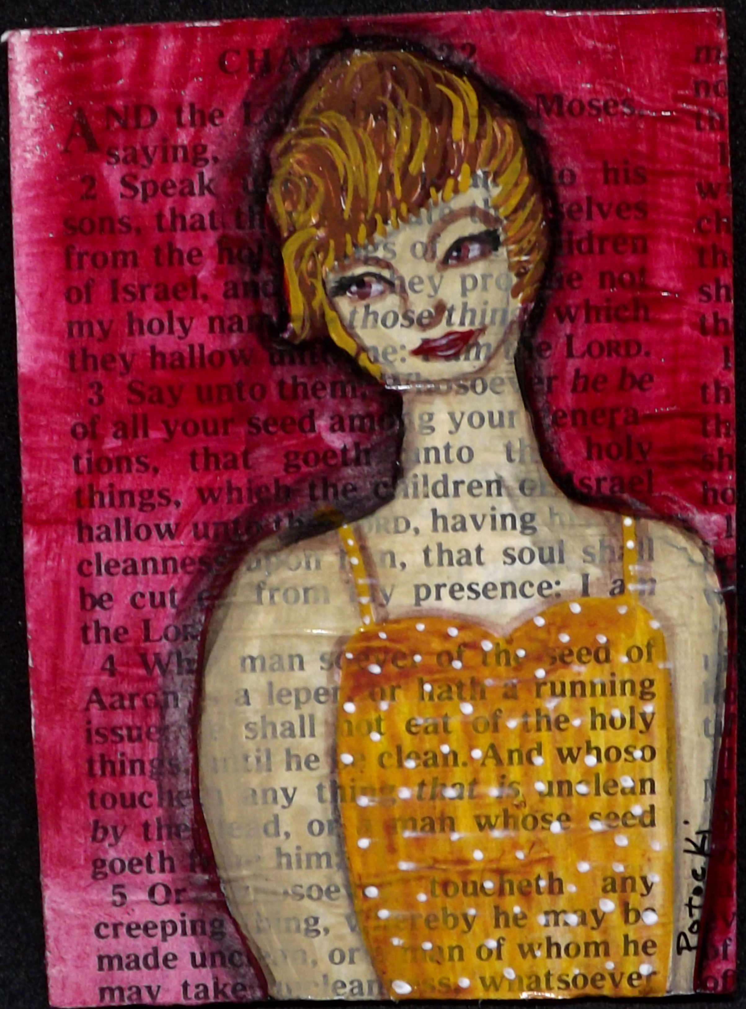 Lady in Gold Yellow Dress with Dots ACEO Original Art Outsider Artist Jo Potocki