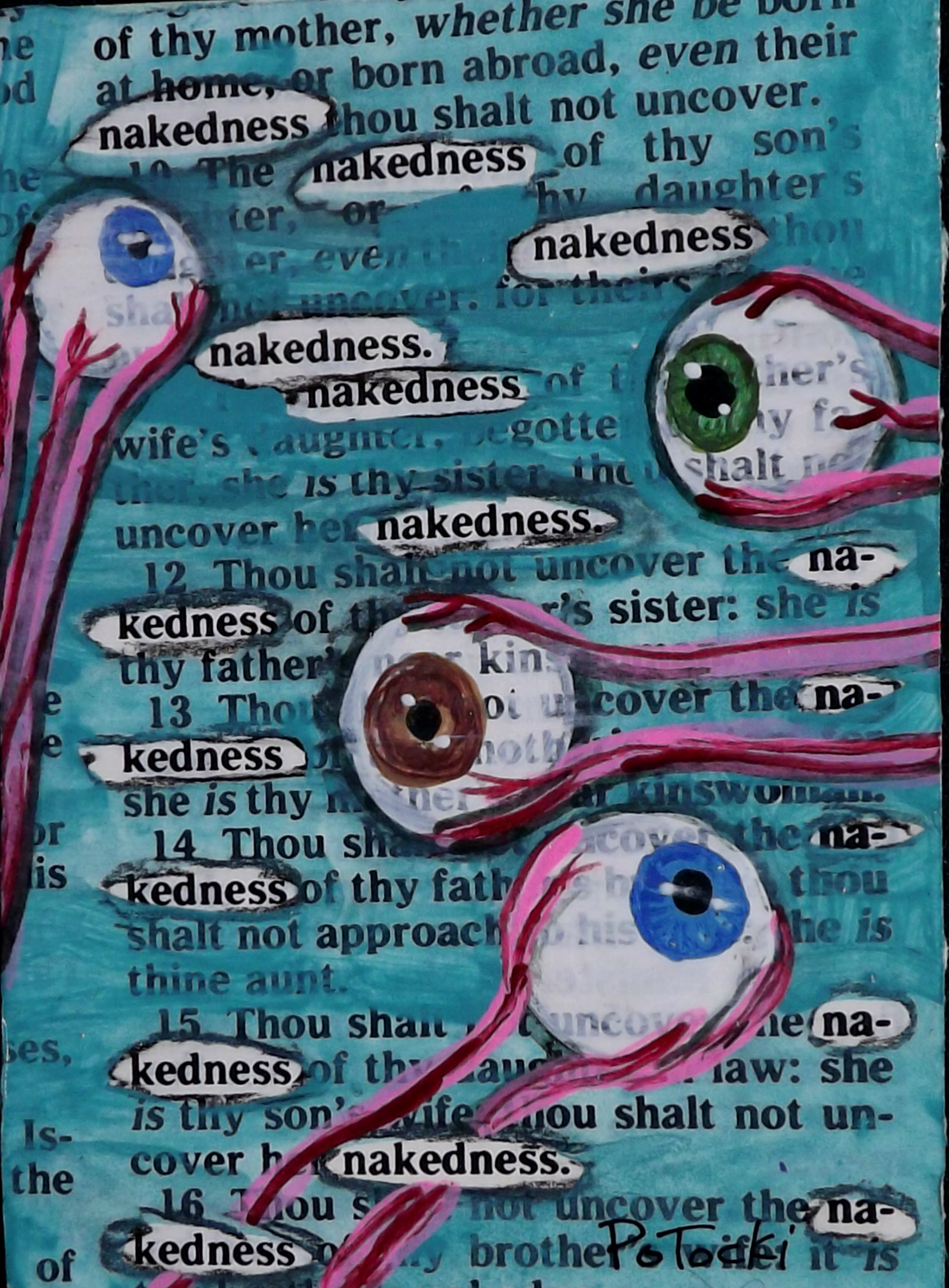 4 Eyeballs and the Sin of Nakedness acrylic painting on bible page ACEO art