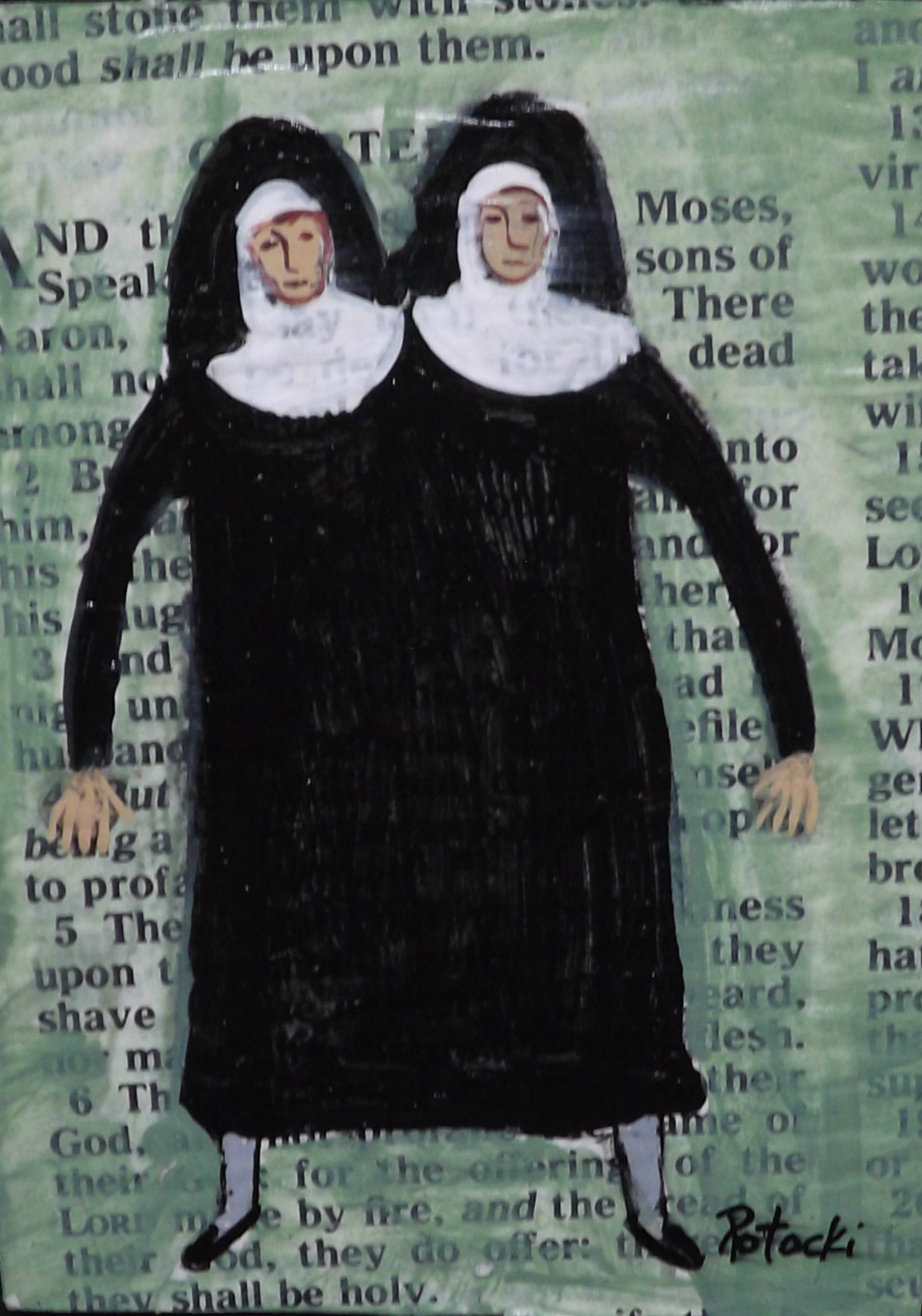 2 Headed Conjoined Twin Nun acrylic painting on bible page ACEO art