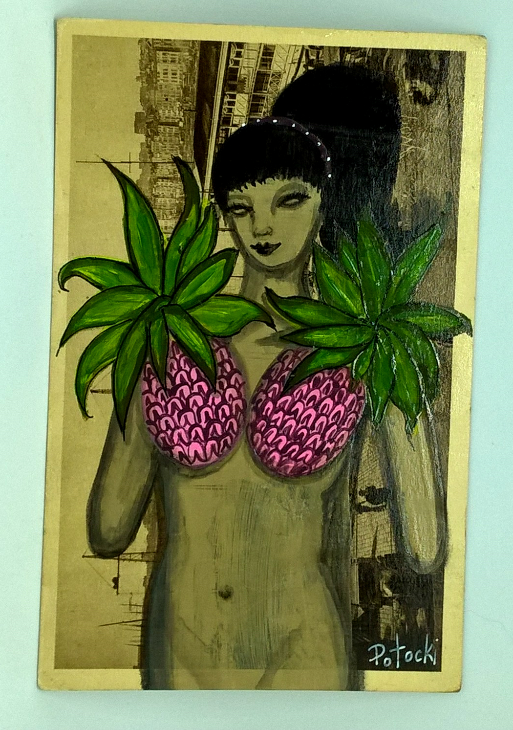 Pink Pineapples acrylic painting on vintage postcard