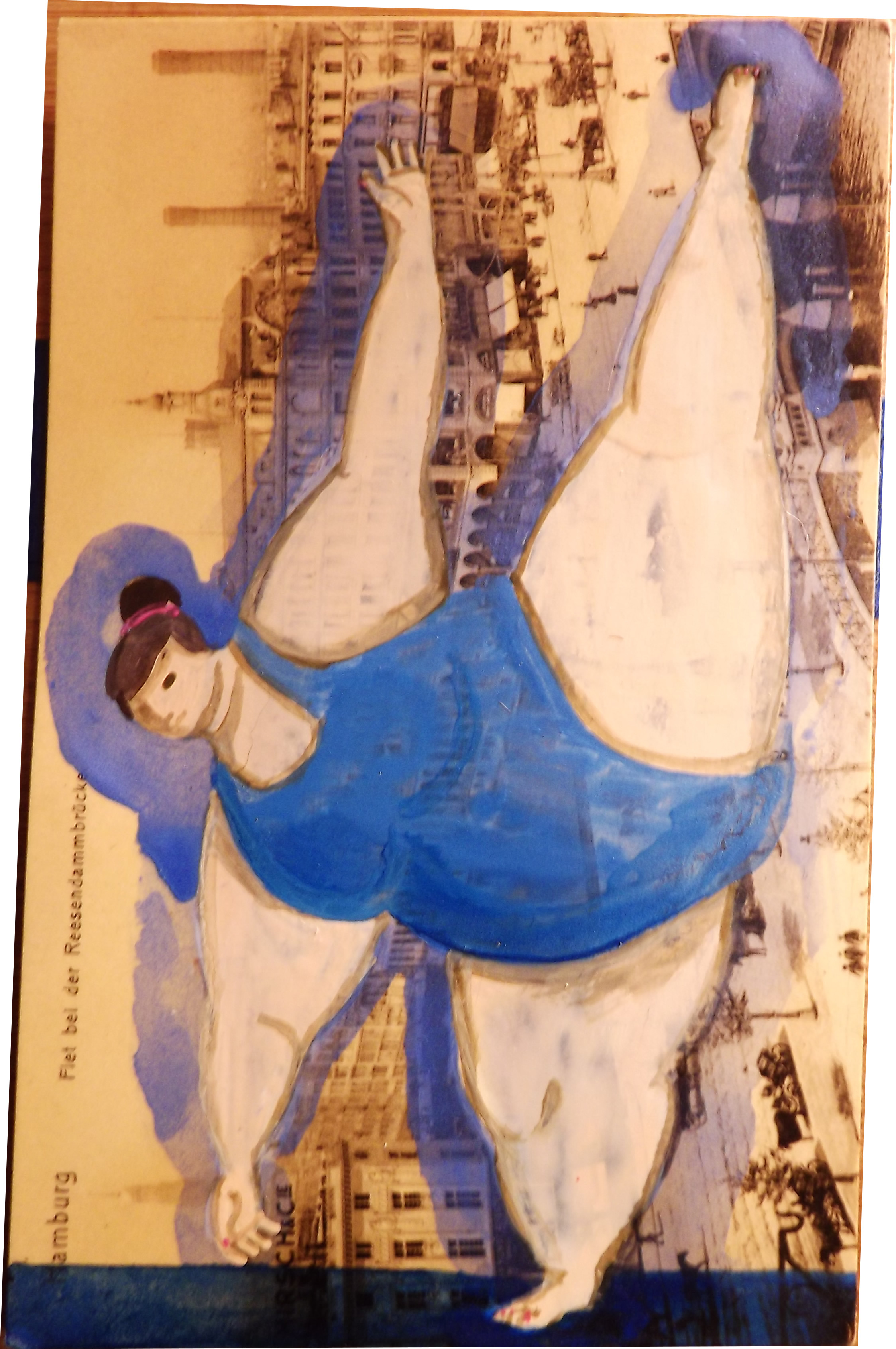 BBW Dancer in Blue – original painting on vintage postcard