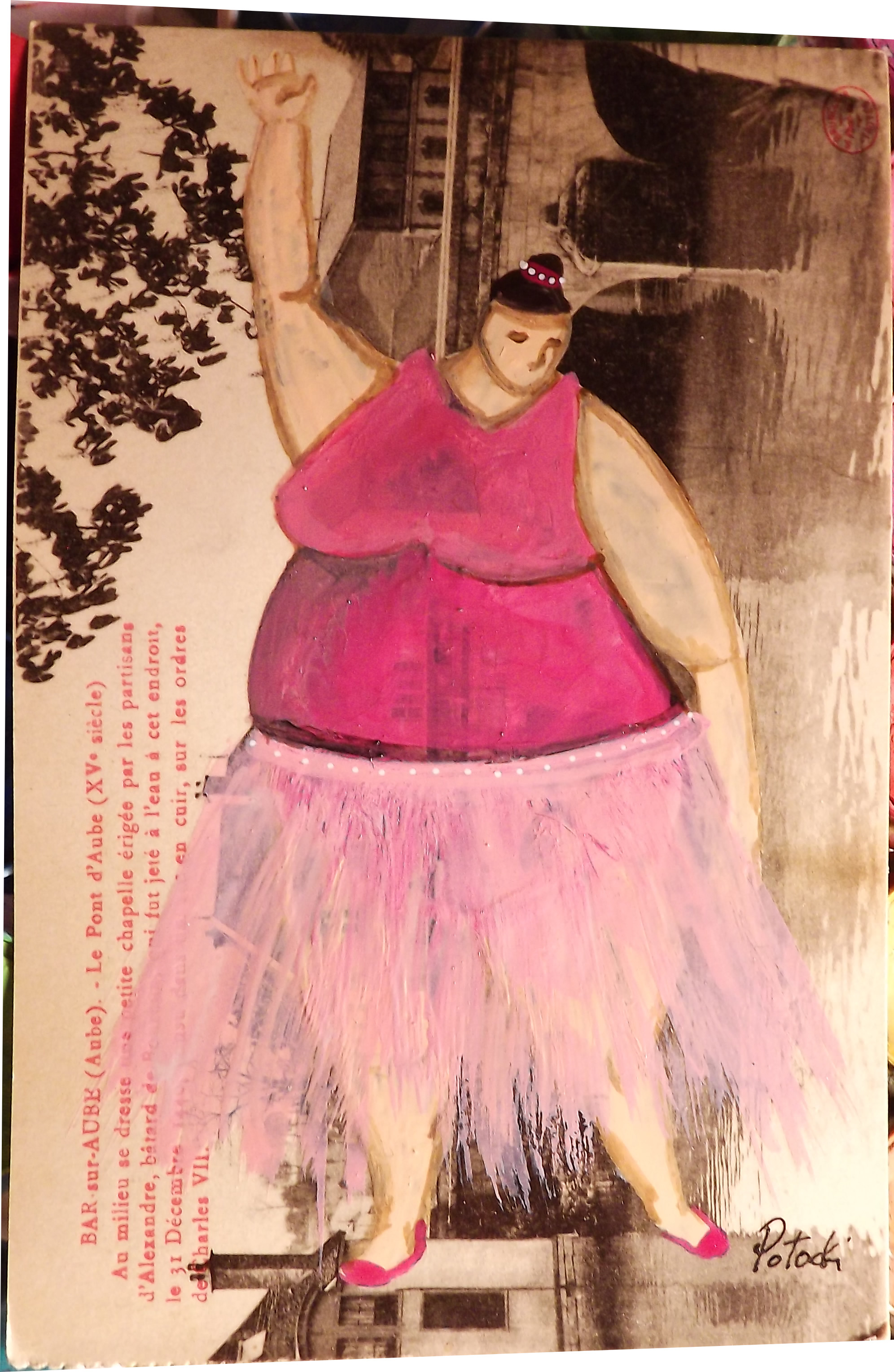 BBW Dancer in Pink- original watercolor on vintage postcard