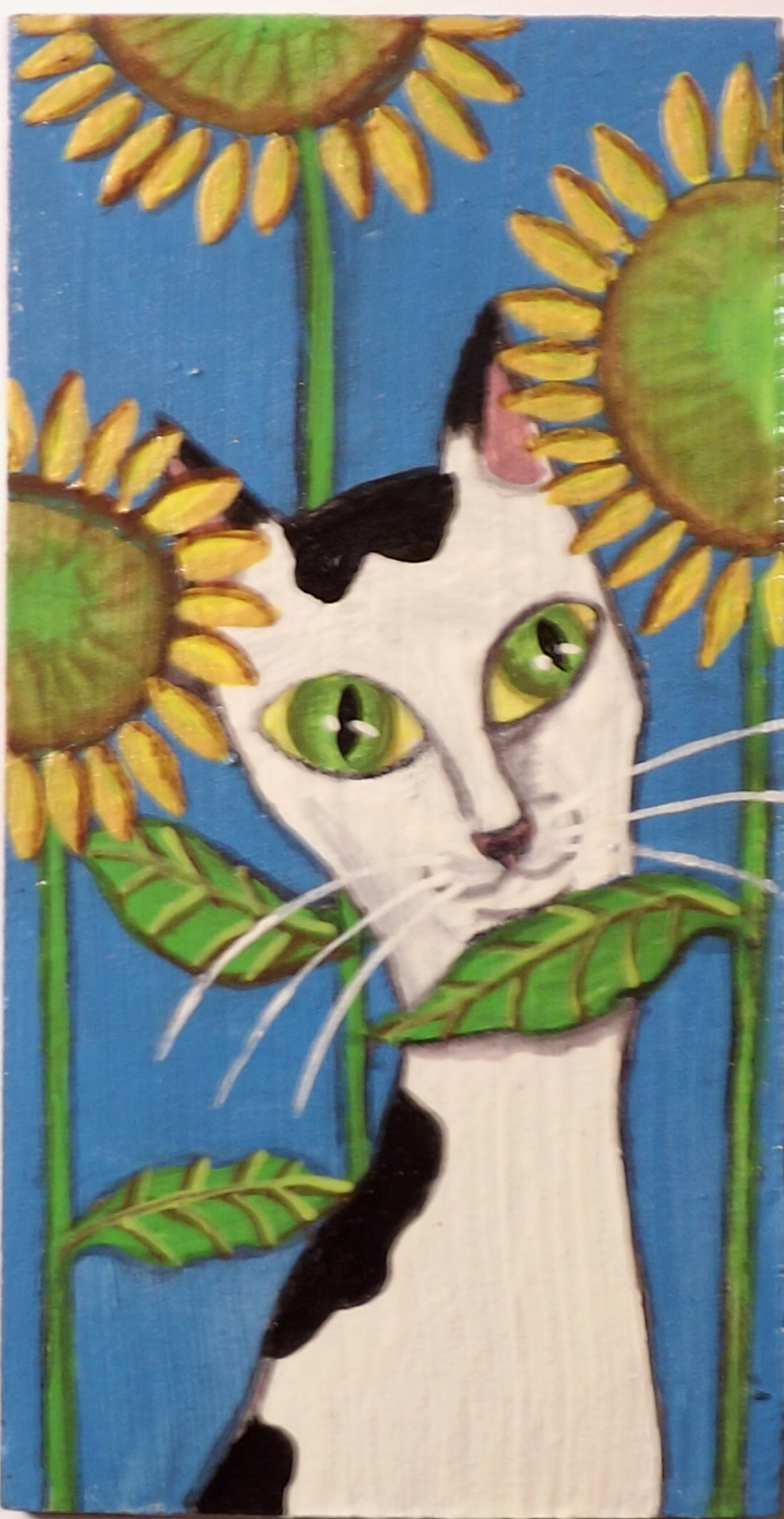 Black And White Cat Hiding In The Sunflowers Acrylic Painting On
