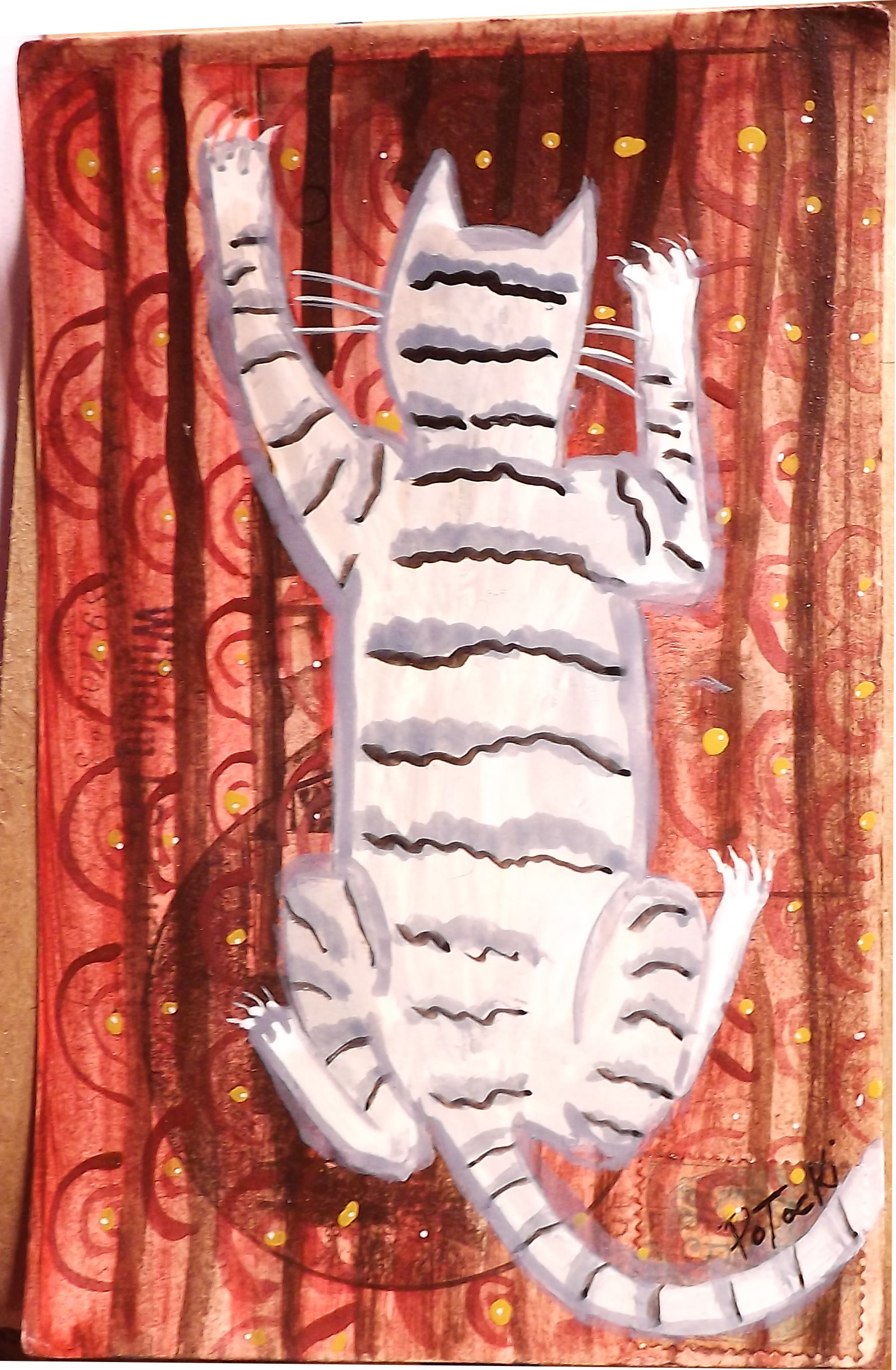 The Cat Who Climbed all the Curtains Original Painting on Vintage Postcard