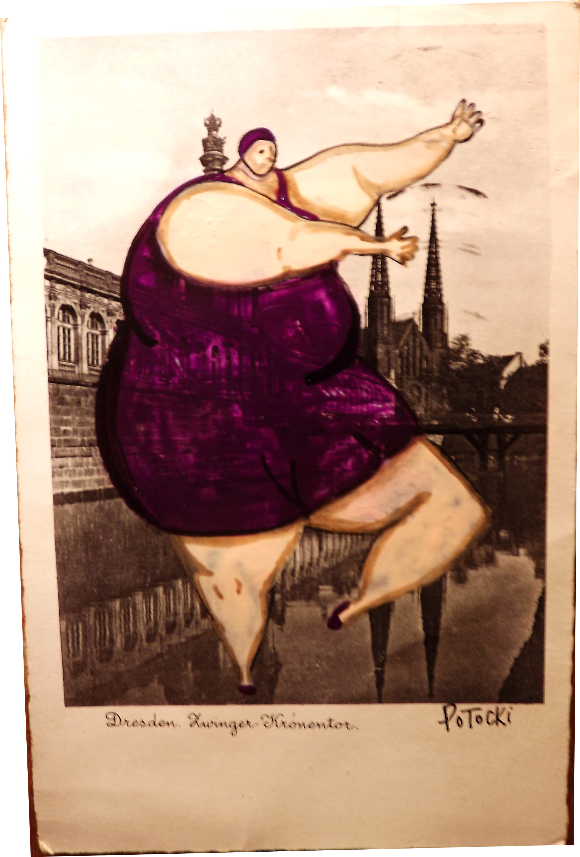 The BBW Dancer of Dresden – original art on vintage postcard
