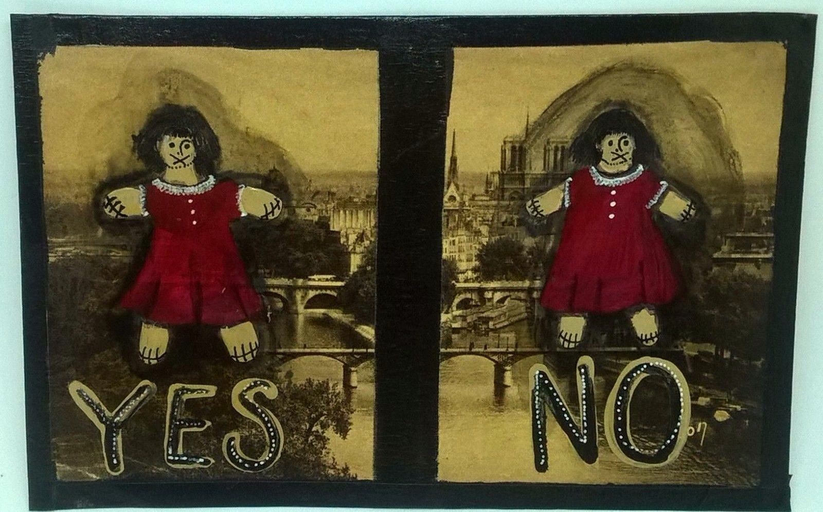 Yes or No Amputee Twins painted on vintage postcard