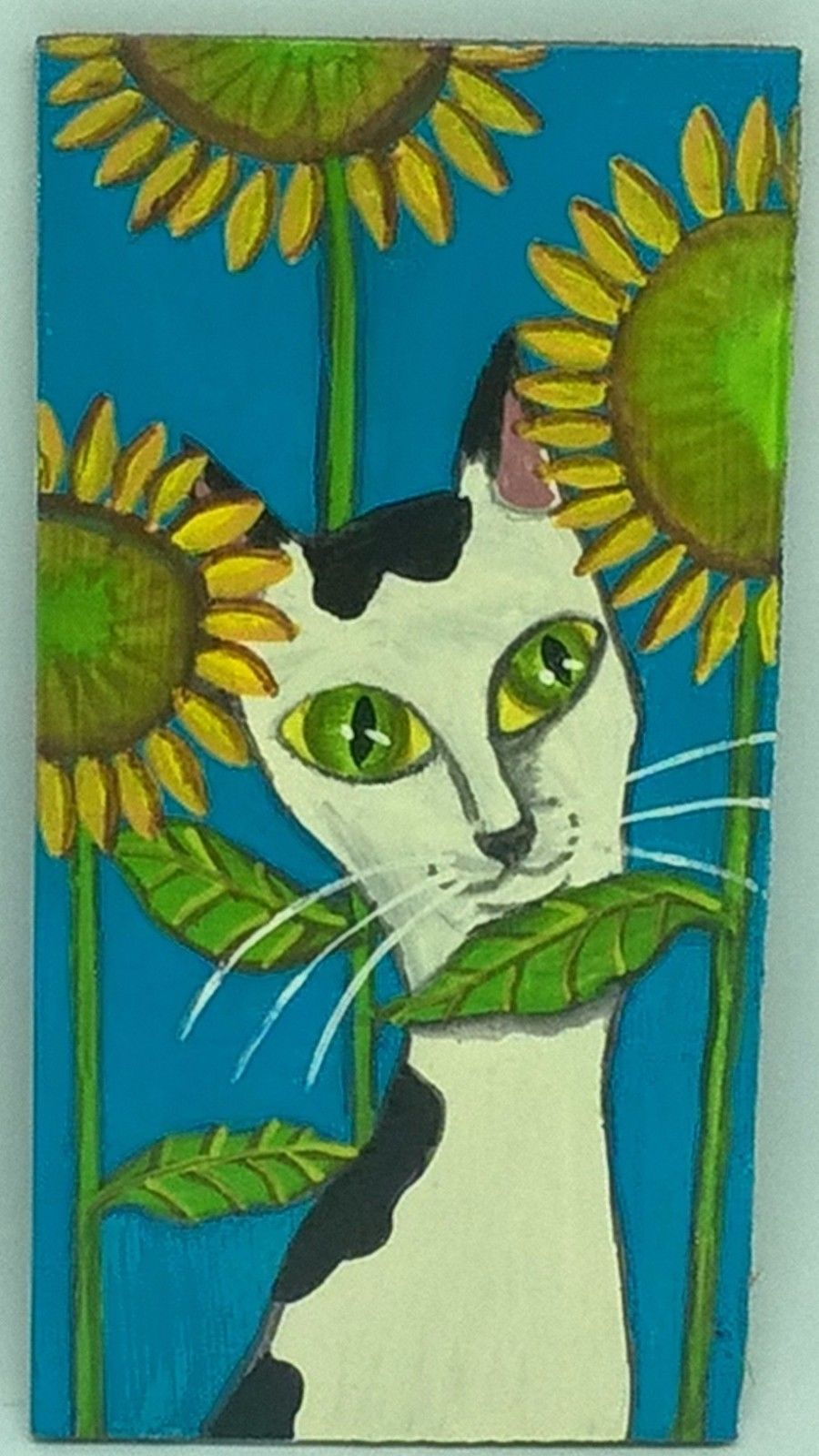 Black and White Cat Hiding in the SunFlowers painted on wood